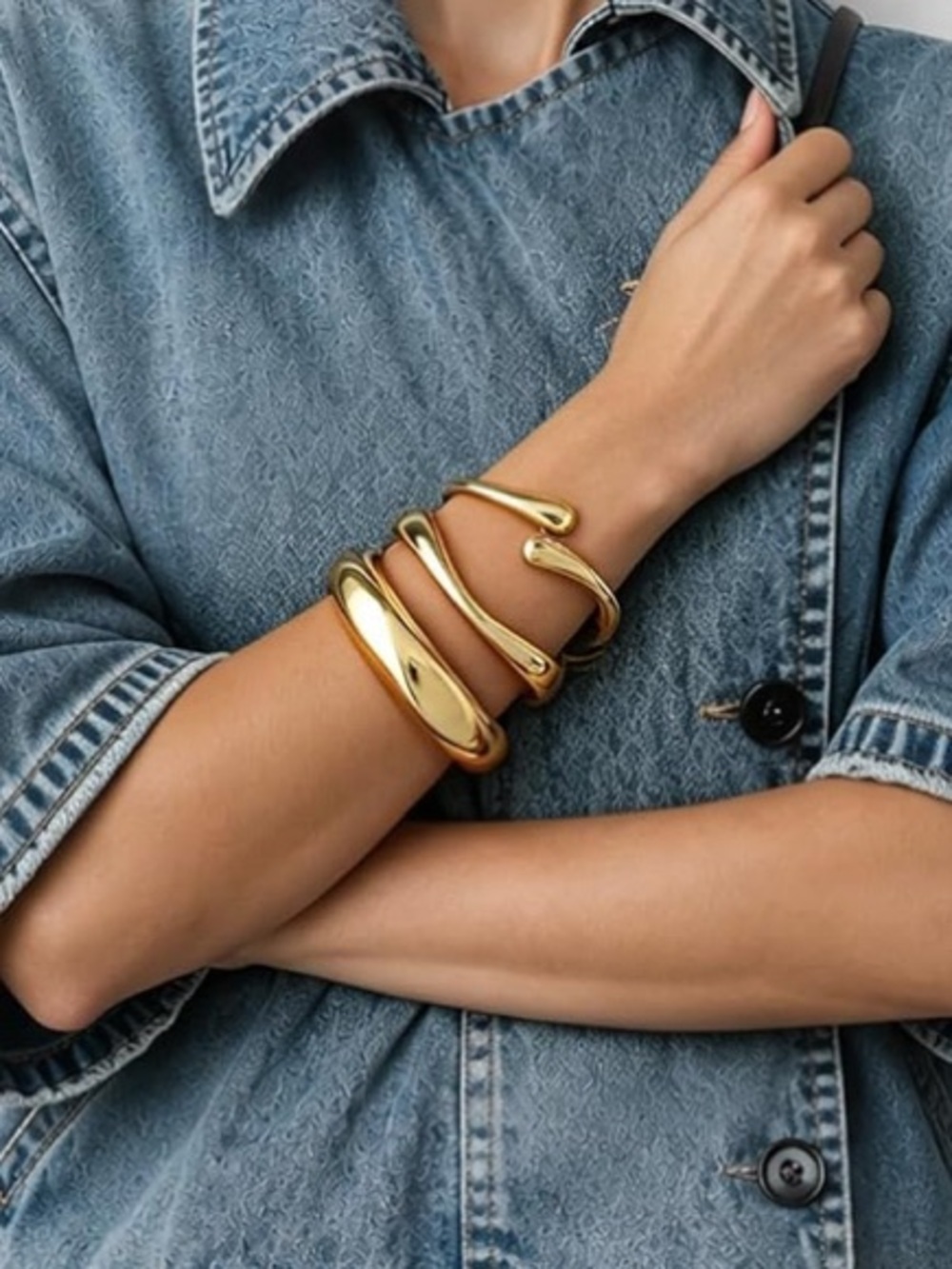 14K Gold Plated Sculptural Wrap Cuff Bracelets Set